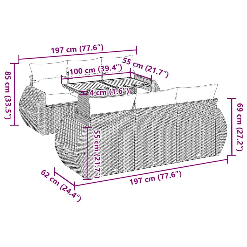 vidaXL 7-tlg. Garten-Sofagarnitur mit Kissen Schwarz Poly Rattan