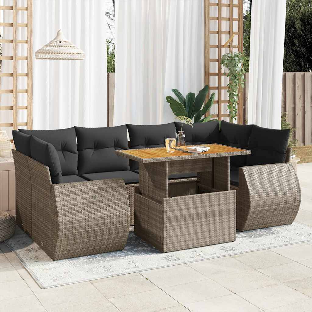 vidaXL 7-tlg. Garten-Sofagarnitur mit Kissen Grau Poly Rattan