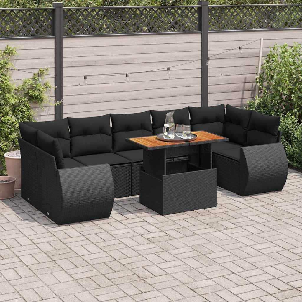 vidaXL 8-tlg. Garten-Sofagarnitur mit Kissen Schwarz Poly Rattan