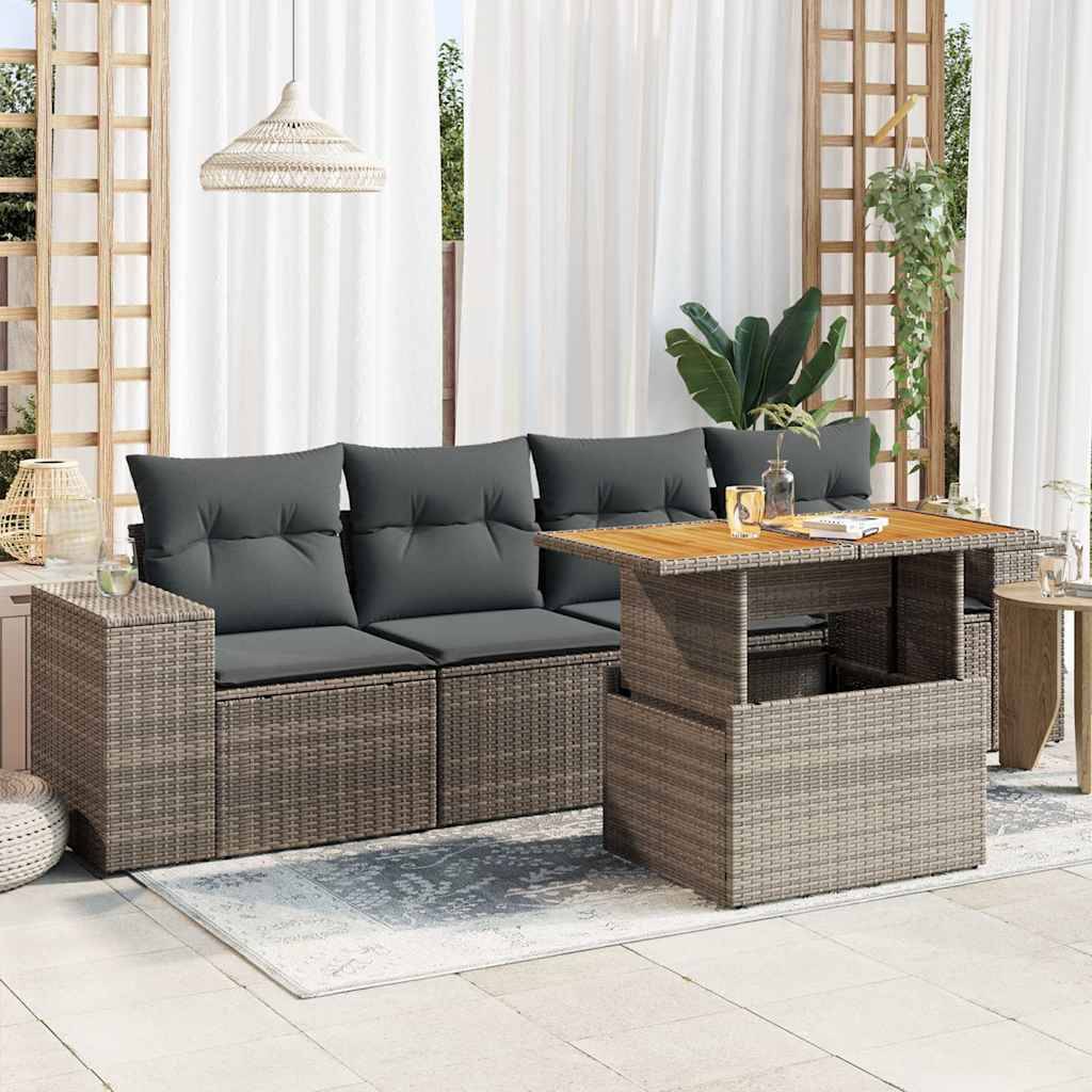 vidaXL 5-tlg. Garten-Sofagarnitur mit Kissen Grau Poly Rattan