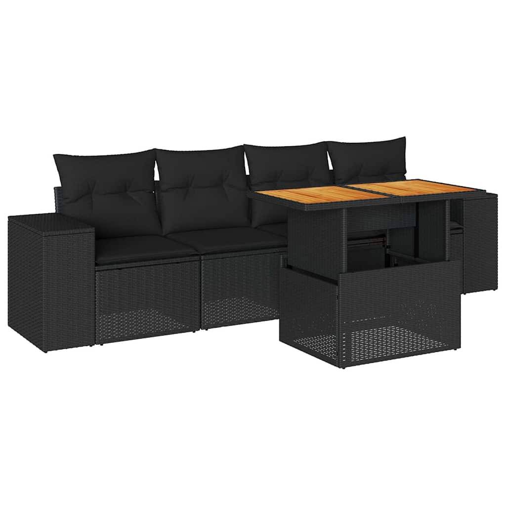 vidaXL 5-tlg. Garten-Sofagarnitur mit Kissen Schwarz Poly Rattan