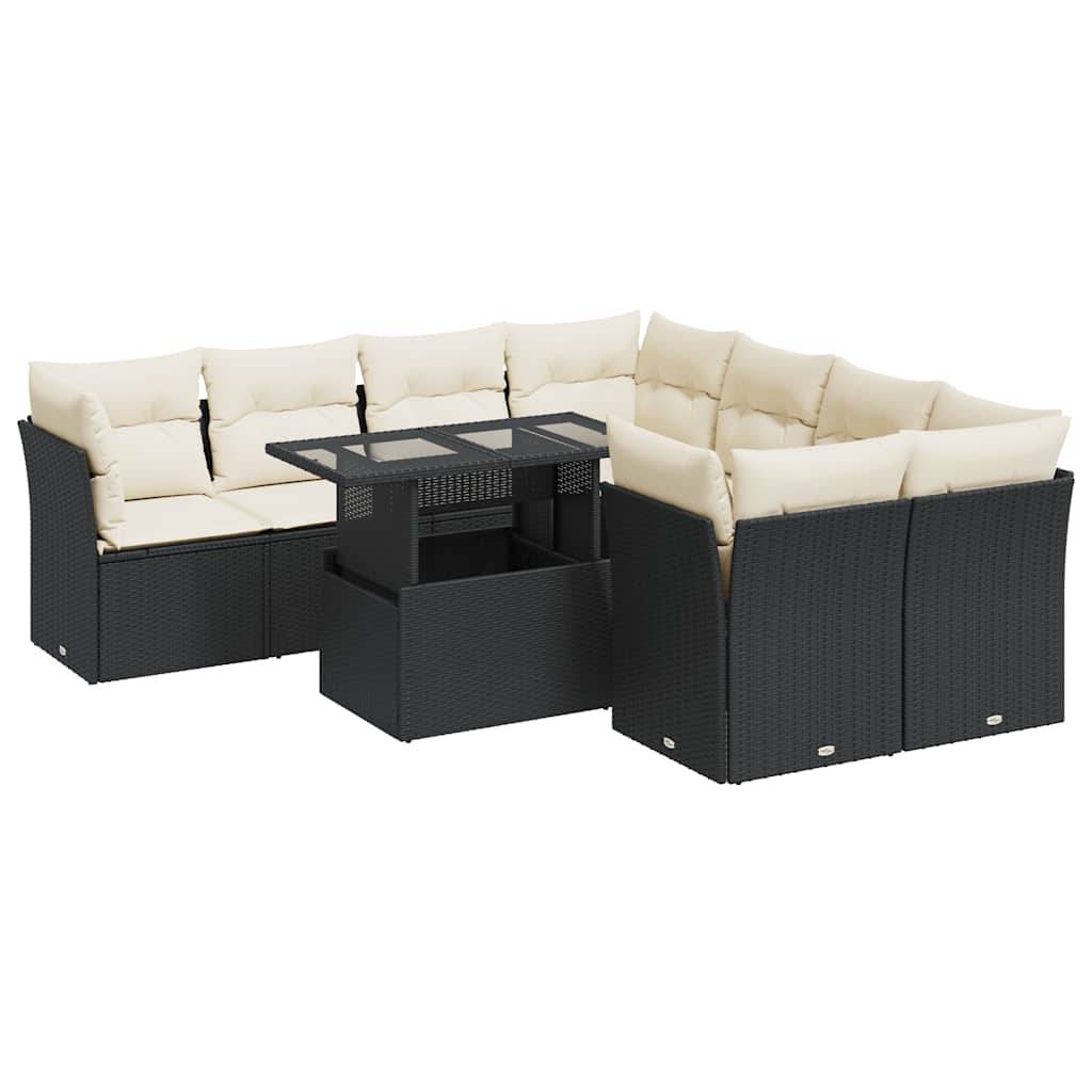 vidaXL 9-tlg. Garten-Sofagarnitur mit Kissen Schwarz Poly Rattan