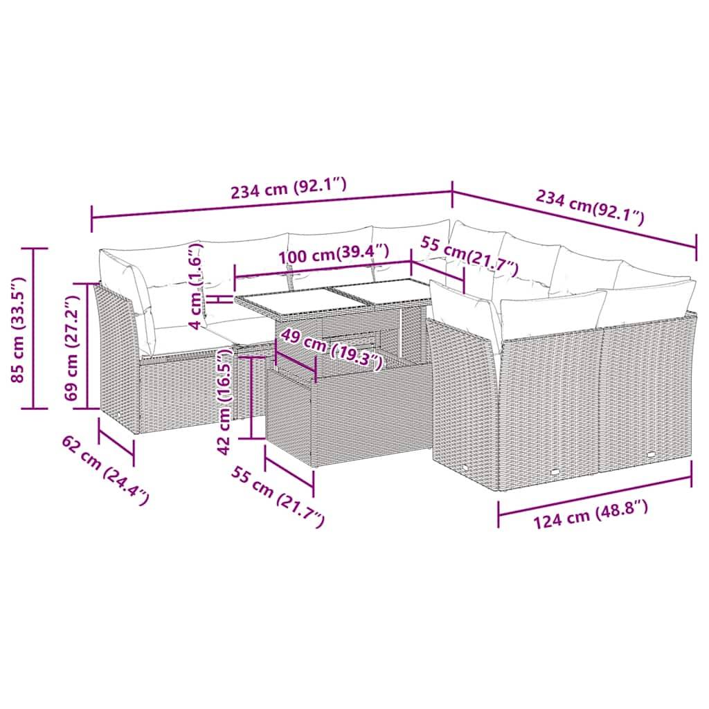 vidaXL 9-tlg. Garten-Sofagarnitur mit Kissen Beige Poly Rattan