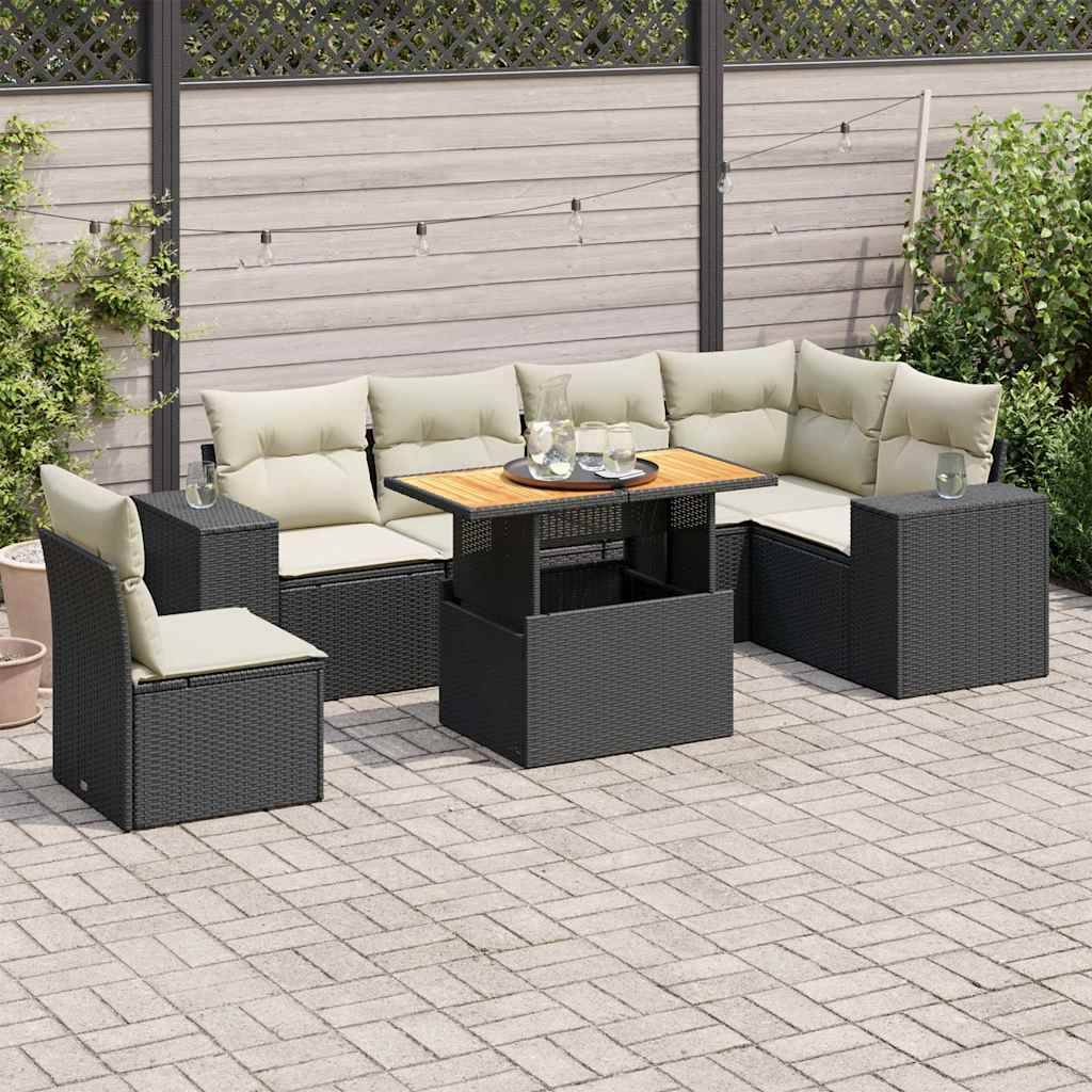 vidaXL 7-tlg. Garten-Sofagarnitur mit Kissen Schwarz Poly Rattan