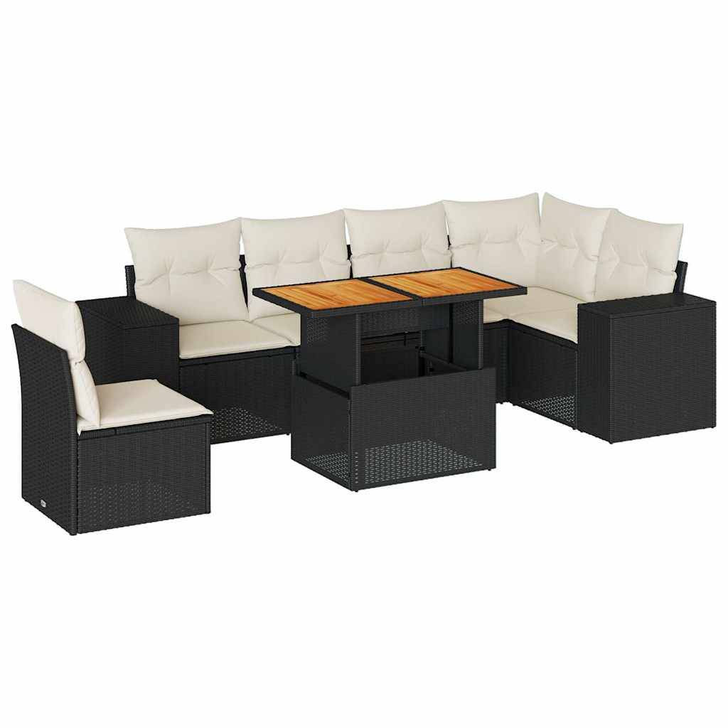 vidaXL 7-tlg. Garten-Sofagarnitur mit Kissen Schwarz Poly Rattan