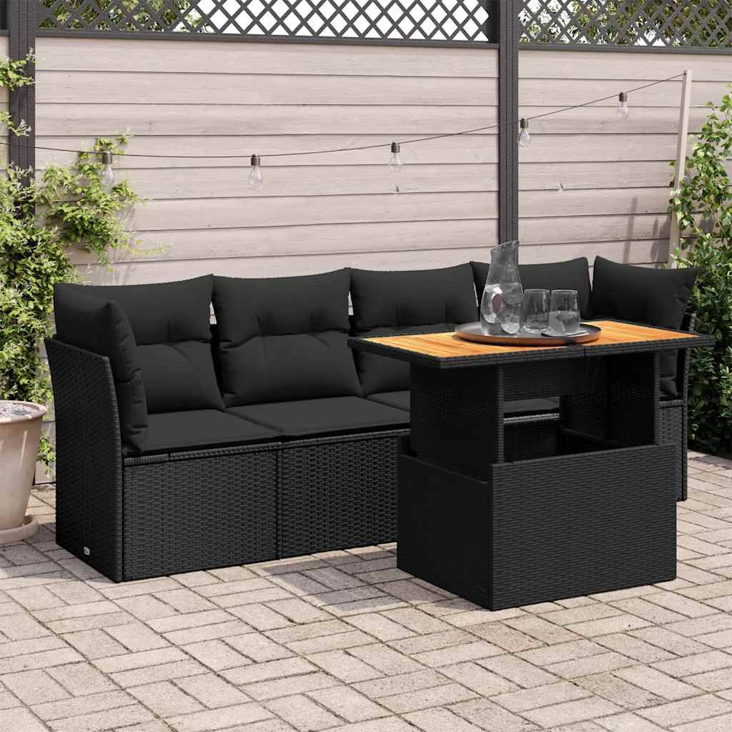 vidaXL 5-tlg. Garten-Sofagarnitur mit Kissen Schwarz Poly Rattan