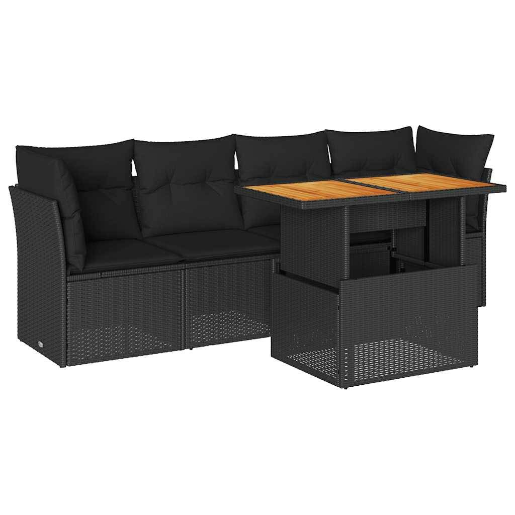 vidaXL 5-tlg. Garten-Sofagarnitur mit Kissen Schwarz Poly Rattan