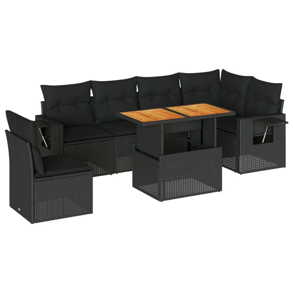 vidaXL 7-tlg. Garten-Sofagarnitur mit Kissen Schwarz Poly Rattan
