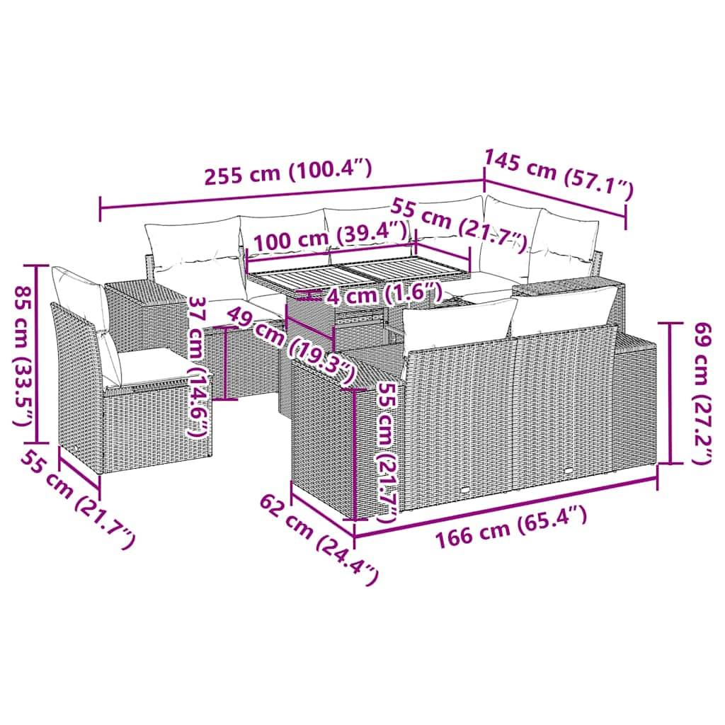 vidaXL 9-tlg. Garten-Sofagarnitur mit Kissen Schwarz Poly Rattan