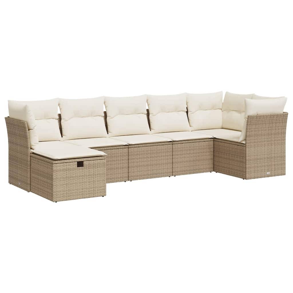vidaXL 7-tlg. Garten-Sofagarnitur mit Kissen Beige Poly Rattan