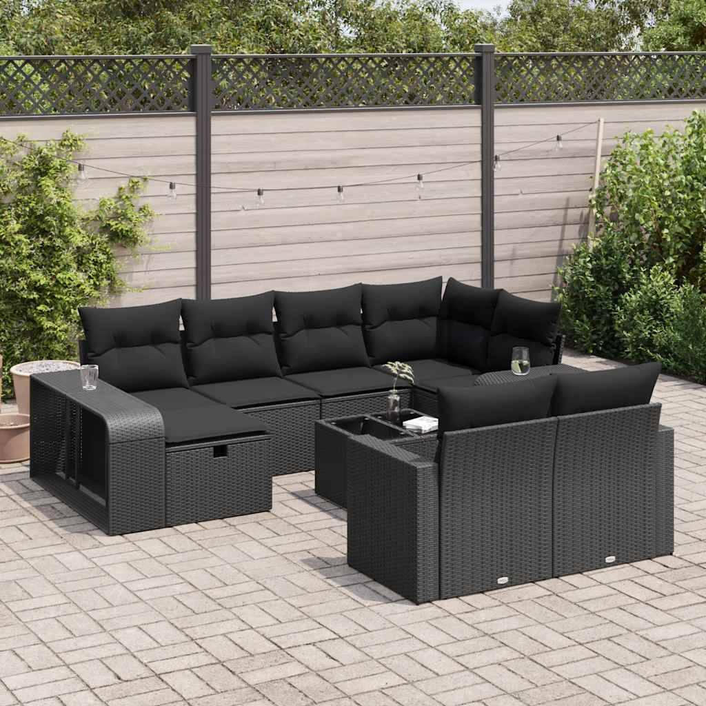 vidaXL 11-tlg. Garten-Sofagarnitur mit Kissen Schwarz Poly Rattan
