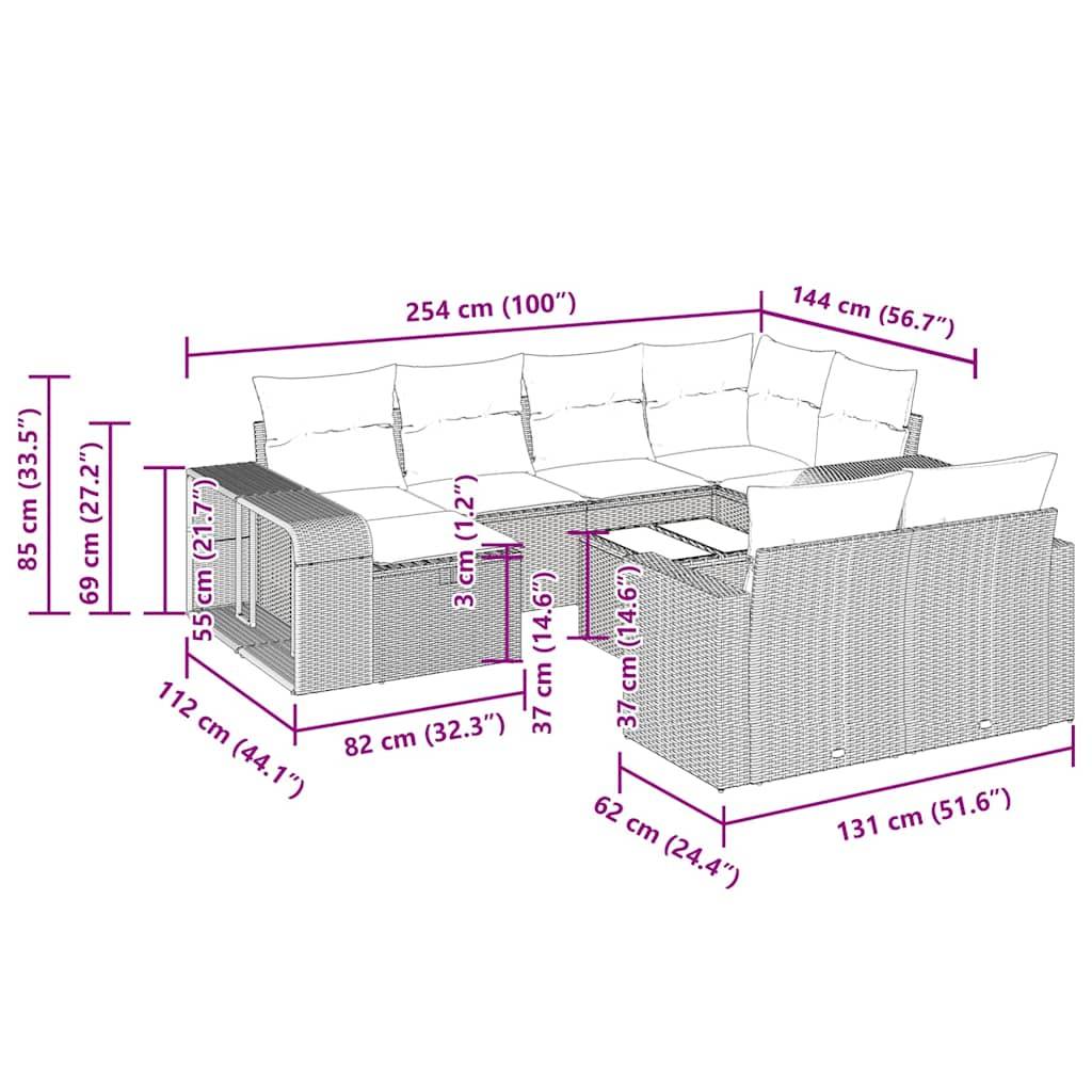 vidaXL 11-tlg. Garten-Sofagarnitur mit Kissen Schwarz Poly Rattan