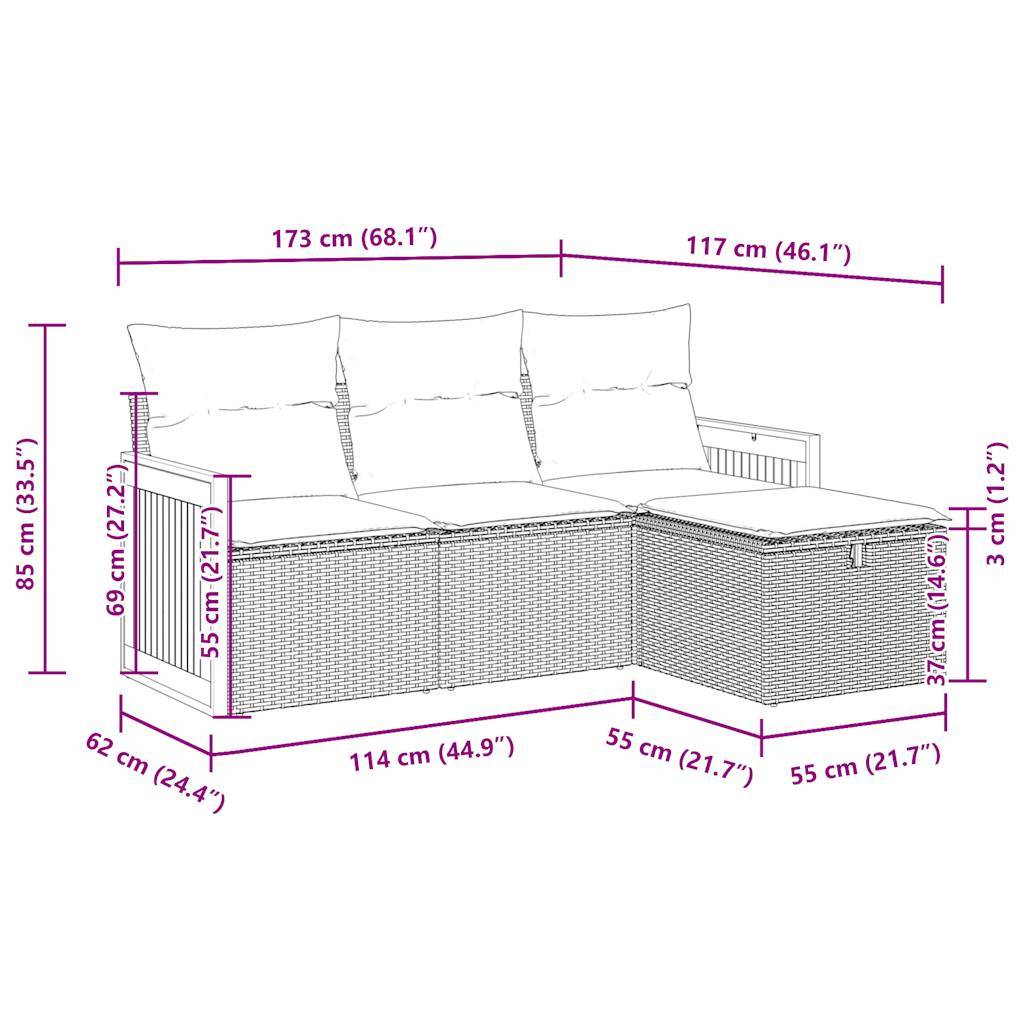 vidaXL 4-tlg. Garten-Sofagarnitur mit Kissen Grau Poly Rattan