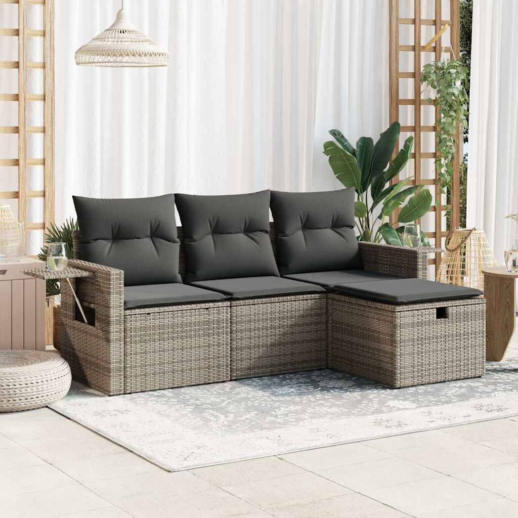 vidaXL 4-tlg. Garten-Sofagarnitur mit Kissen Grau Poly Rattan