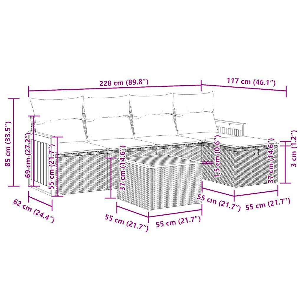 vidaXL 6-tlg. Garten-Sofagarnitur mit Kissen Grau Poly Rattan