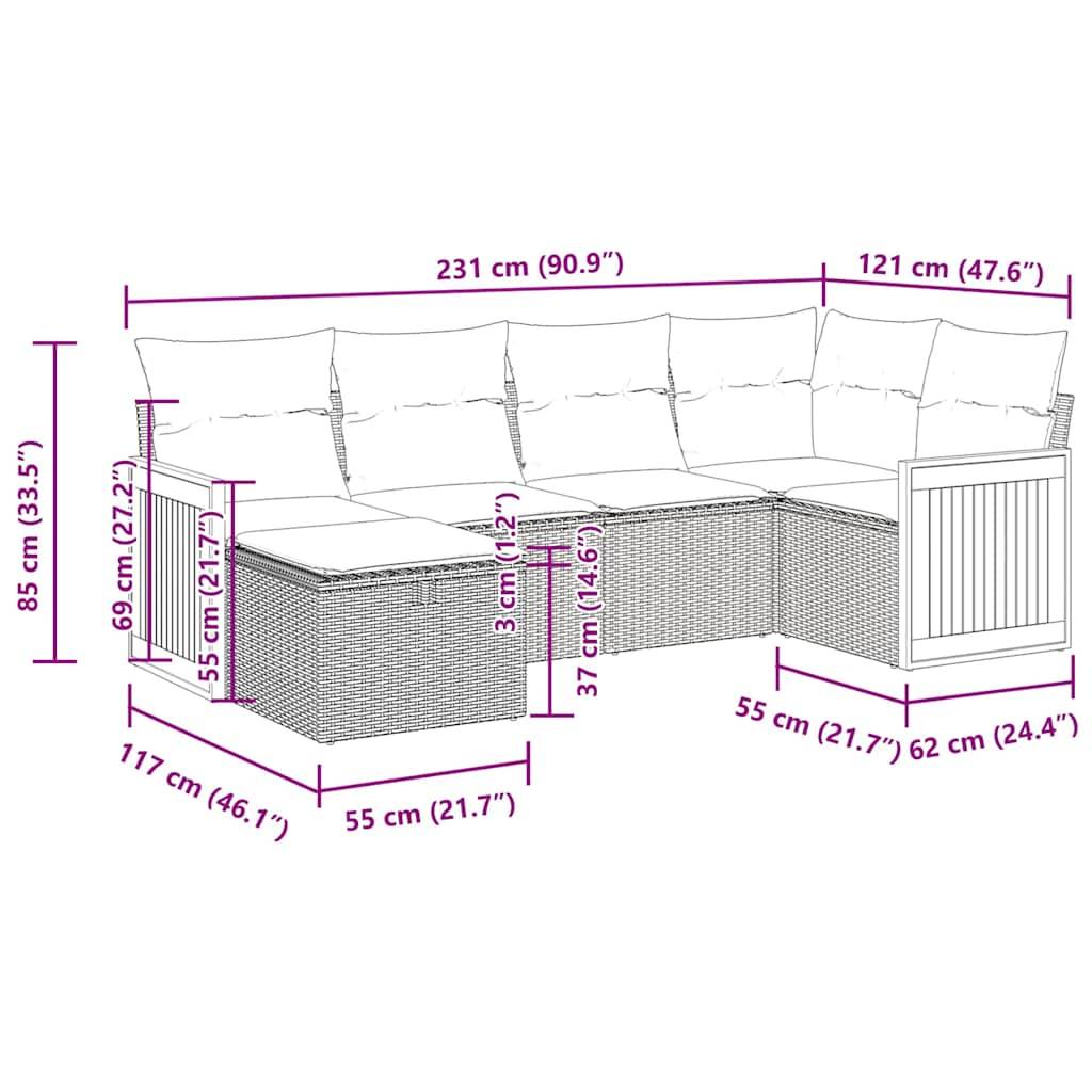 vidaXL 6-tlg. Garten-Sofagarnitur mit Kissen Grau Poly Rattan