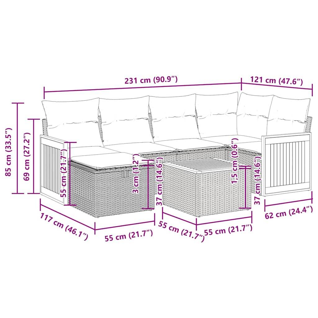 vidaXL 7-tlg. Garten-Sofagarnitur mit Kissen Grau Poly Rattan