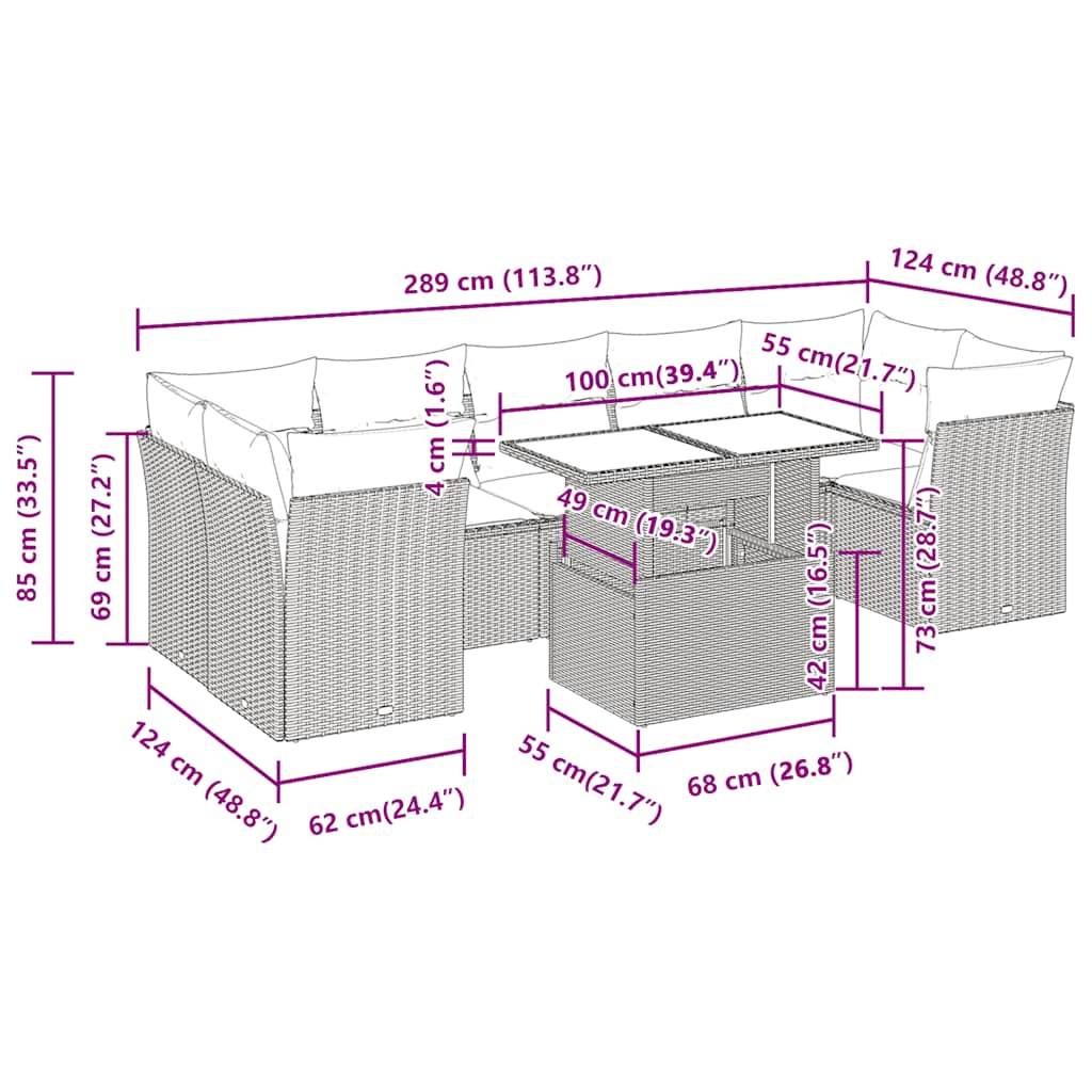 vidaXL 8-tlg. Garten-Sofagarnitur mit Kissen Schwarz Poly Rattan
