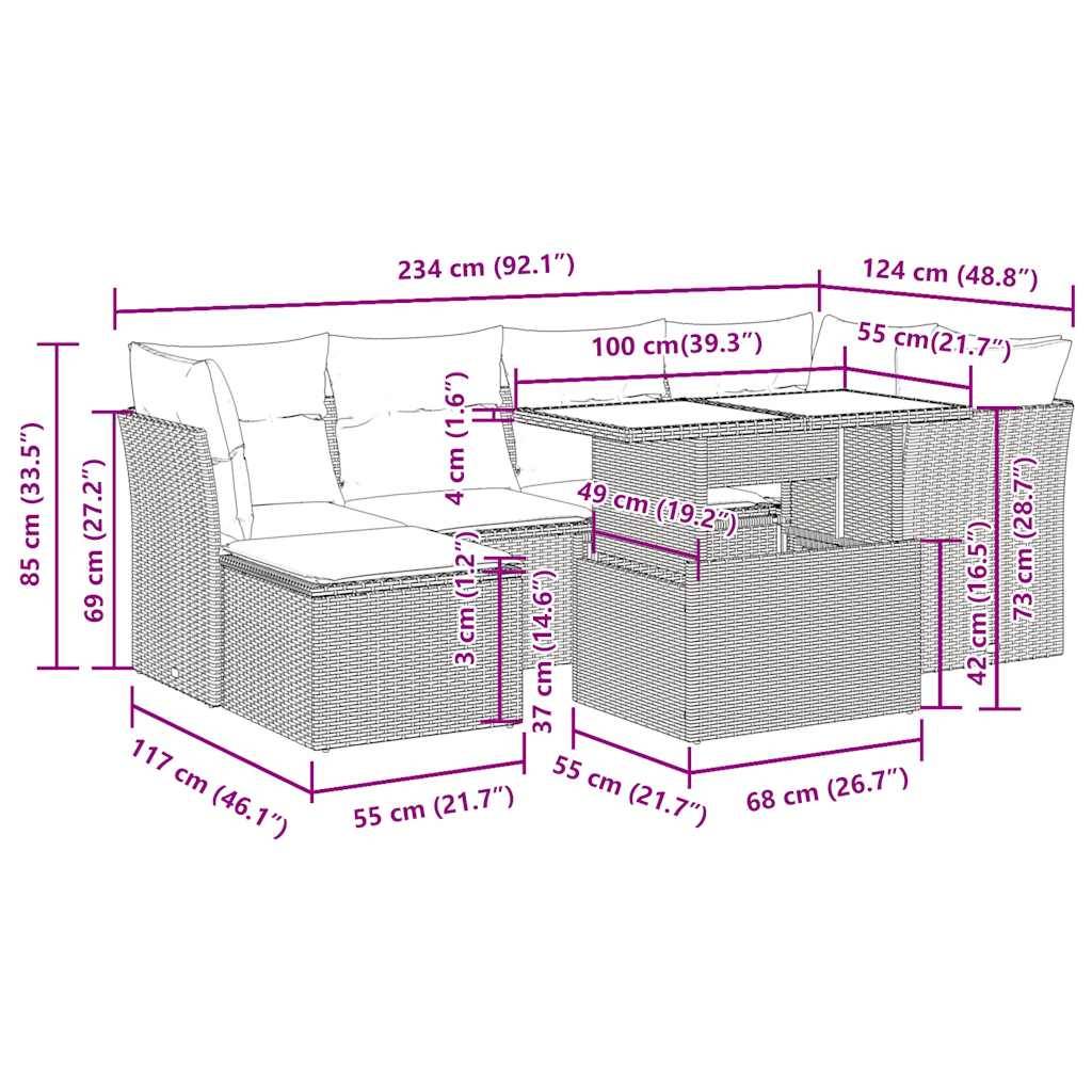 vidaXL 7-tlg. Garten-Sofagarnitur mit Kissen Schwarz Poly Rattan