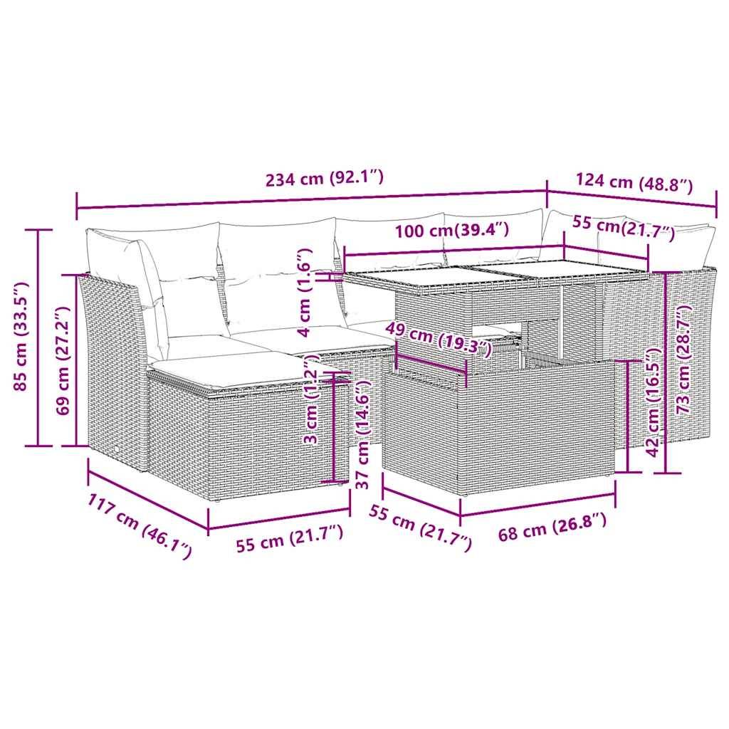 vidaXL 7-tlg. Garten-Sofagarnitur mit Kissen Beige Poly Rattan