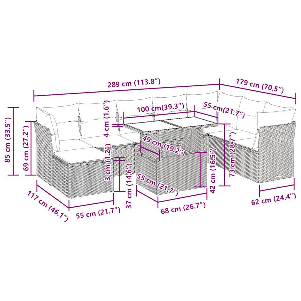 vidaXL 9-tlg. Garten-Sofagarnitur mit Kissen Beige Poly Rattan