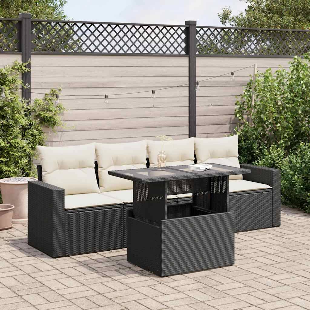 vidaXL 5-tlg. Garten-Sofagarnitur mit Kissen Schwarz Poly Rattan
