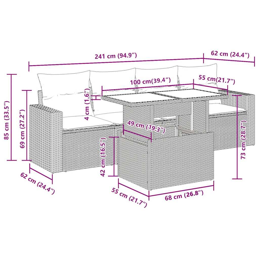 vidaXL 5-tlg. Garten-Sofagarnitur mit Kissen Schwarz Poly Rattan
