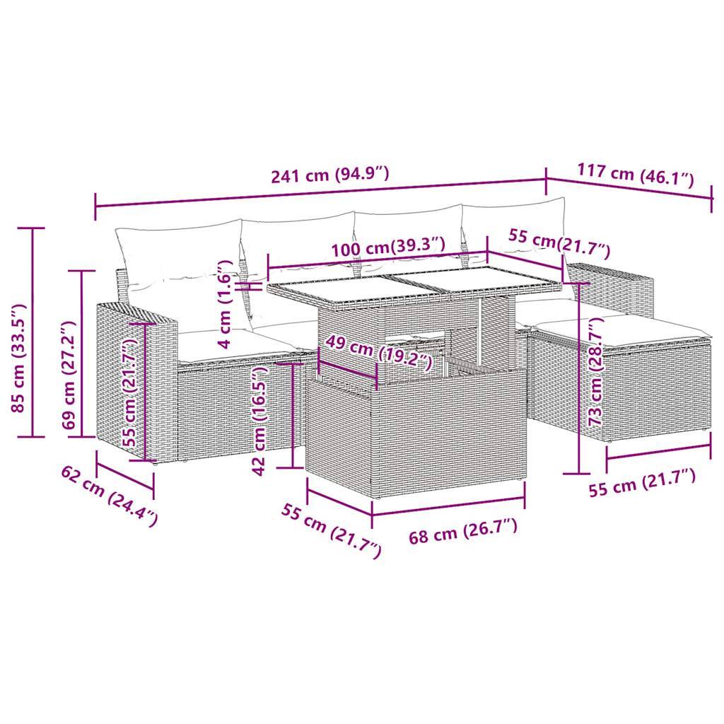 vidaXL 6-tlg. Garten-Sofagarnitur mit Kissen Beige Poly Rattan