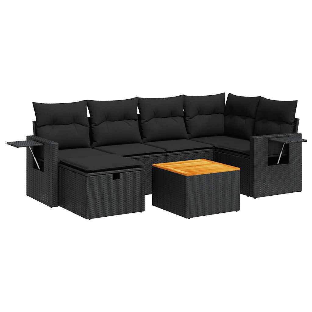 vidaXL 7-tlg. Garten-Sofagarnitur mit Kissen Schwarz Poly Rattan