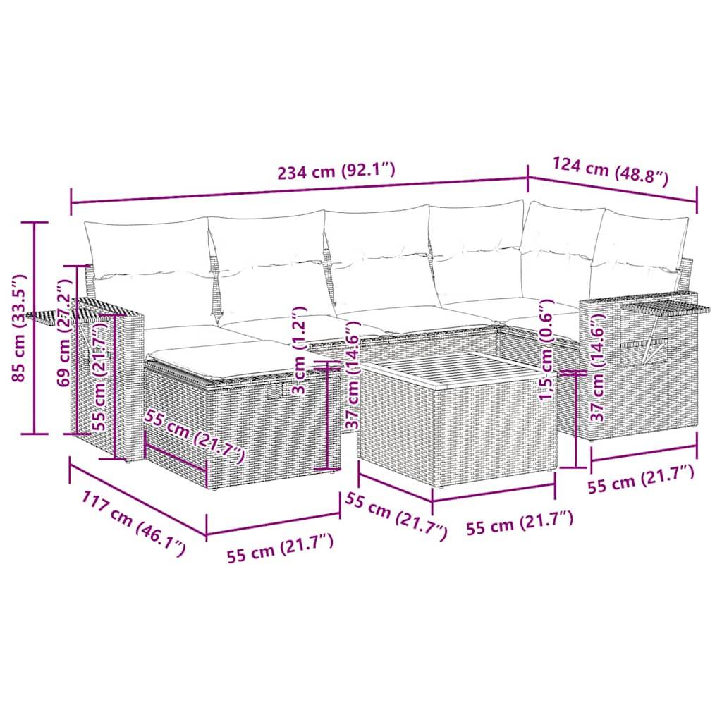 vidaXL 7-tlg. Garten-Sofagarnitur mit Kissen Schwarz Poly Rattan
