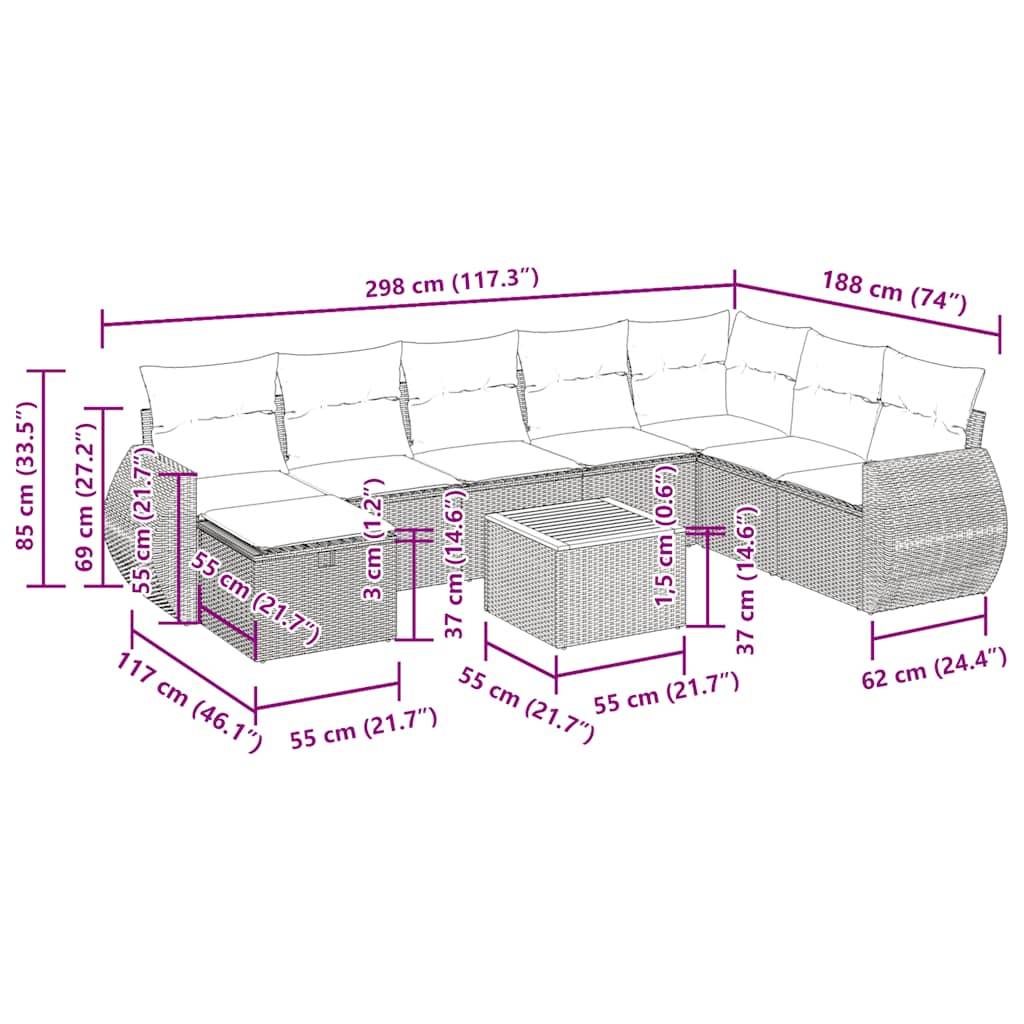 vidaXL 9-tlg. Garten-Sofagarnitur mit Kissen Grau Poly Rattan