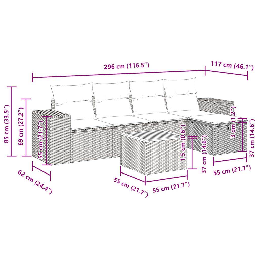 vidaXL 6-tlg. Garten-Sofagarnitur mit Kissen Schwarz Poly Rattan
