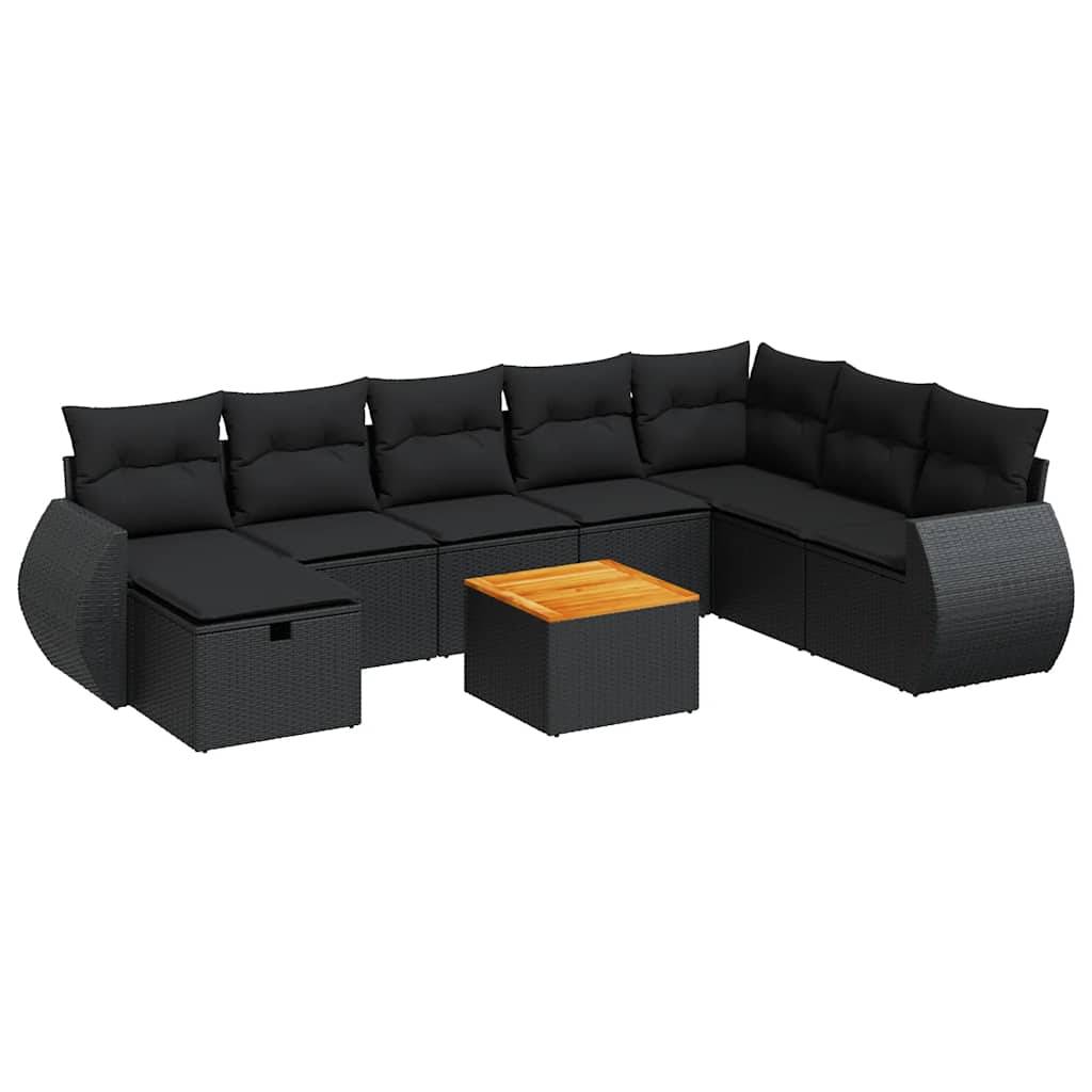 vidaXL 9-tlg. Garten-Sofagarnitur mit Kissen Schwarz Poly Rattan