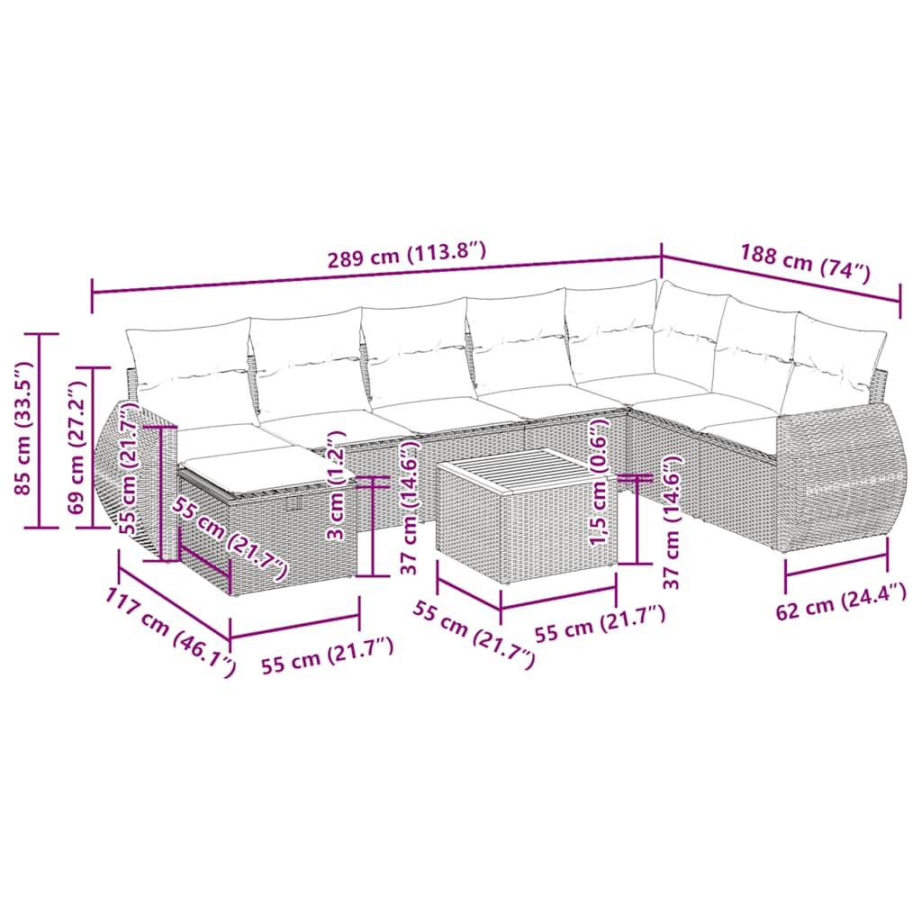 vidaXL 9-tlg. Garten-Sofagarnitur mit Kissen Grau Poly Rattan