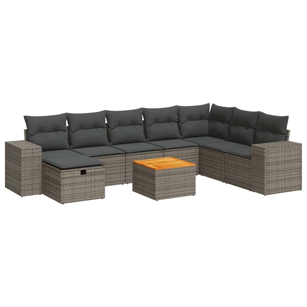 vidaXL 9-tlg. Garten-Sofagarnitur mit Kissen Grau Poly Rattan