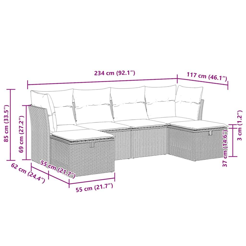 vidaXL 6-tlg. Garten-Sofagarnitur mit Kissen Grau Poly Rattan