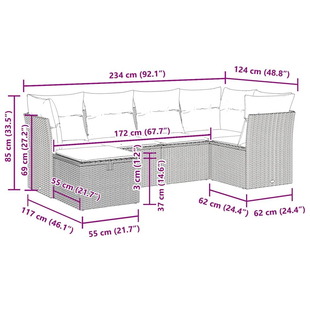 vidaXL 6-tlg. Garten-Sofagarnitur mit Kissen Grau Poly Rattan