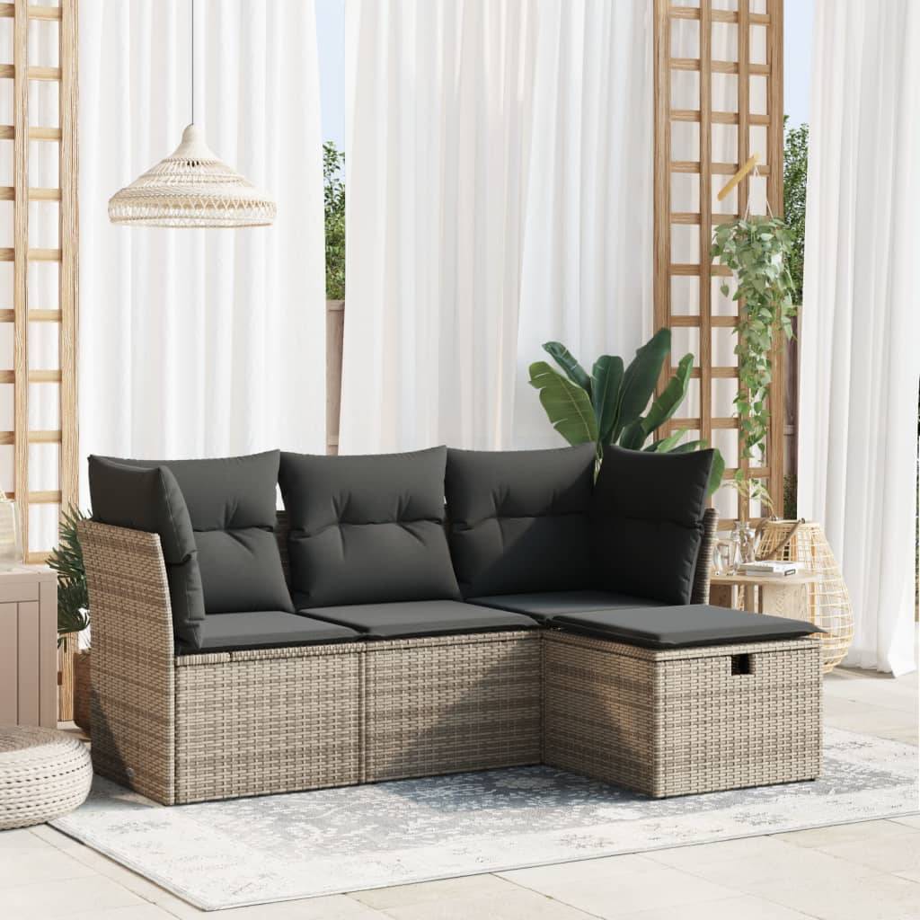 vidaXL 4-tlg. Garten-Sofagarnitur mit Kissen Grau Poly Rattan