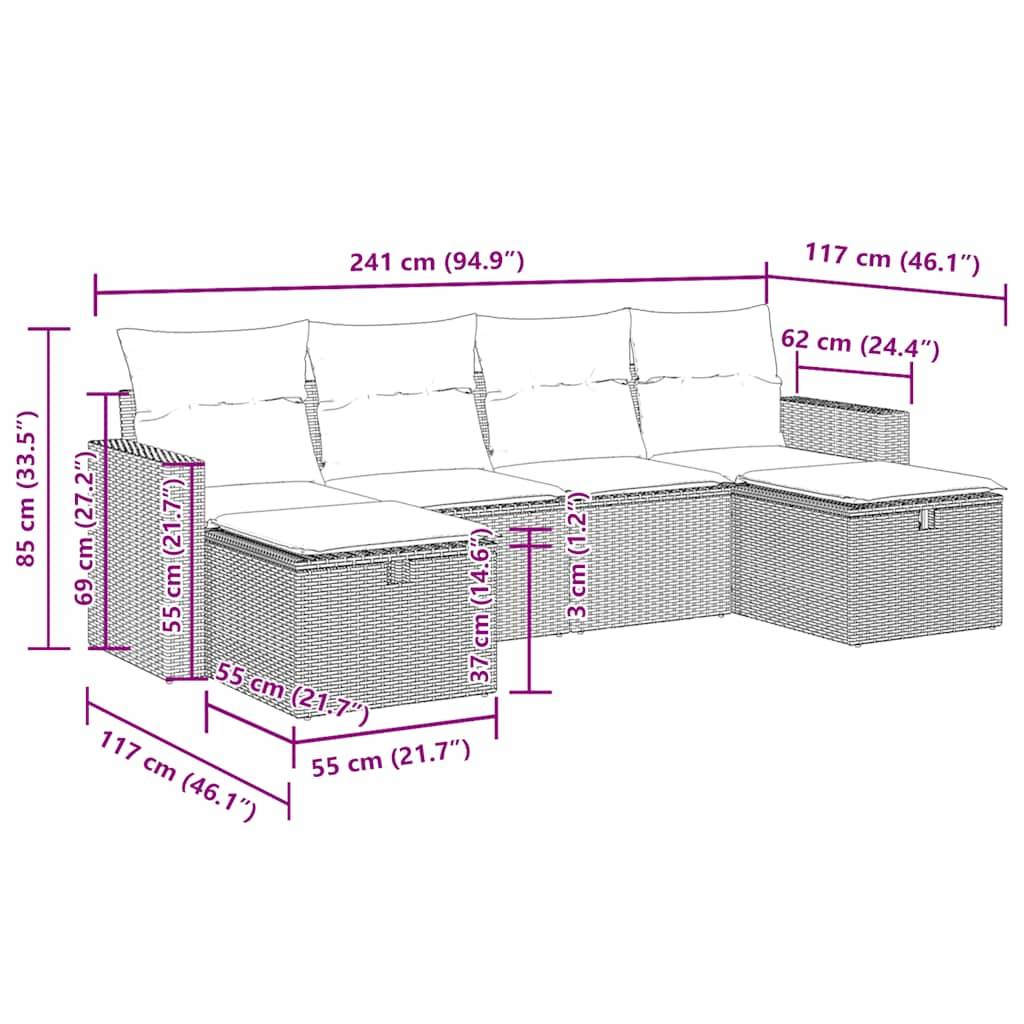 vidaXL 6-tlg. Garten-Sofagarnitur mit Kissen Grau Poly Rattan