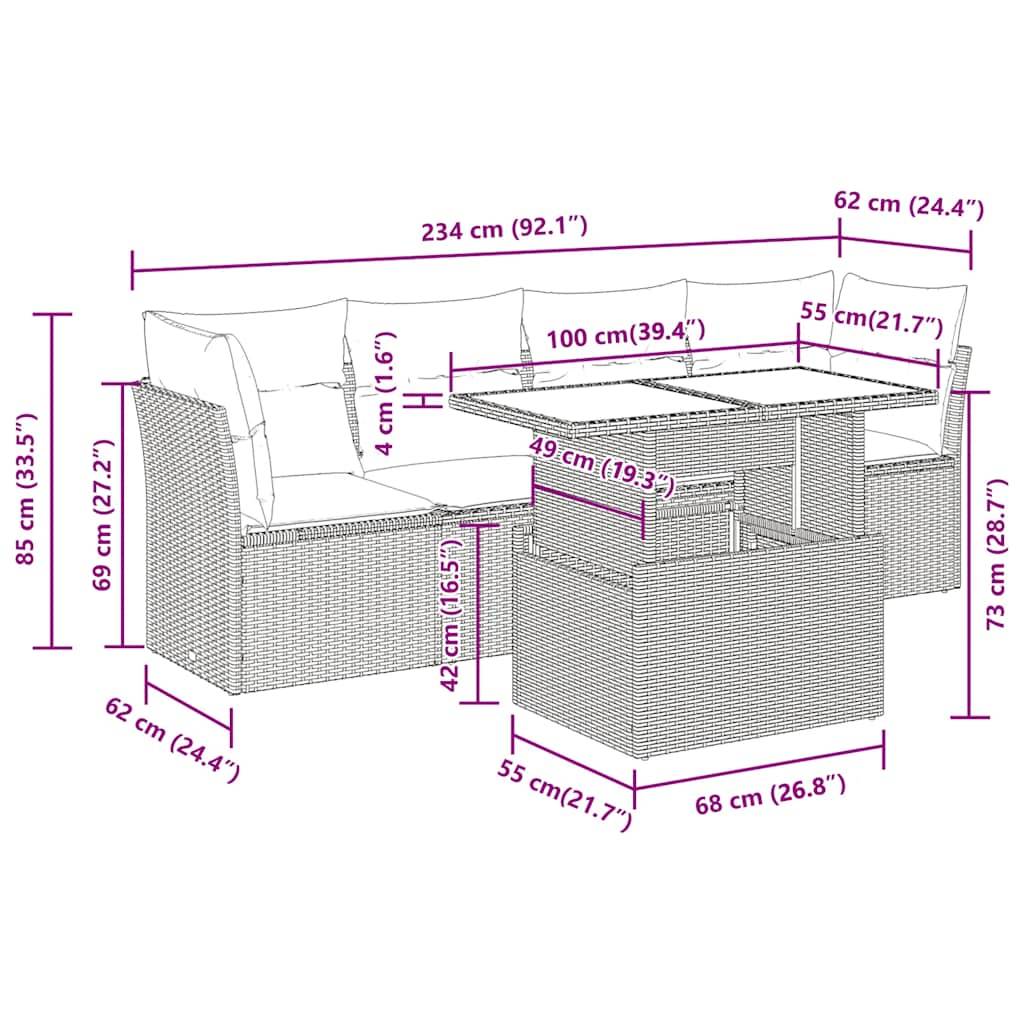 vidaXL 5-tlg. Garten-Sofagarnitur mit Kissen Beige Poly Rattan