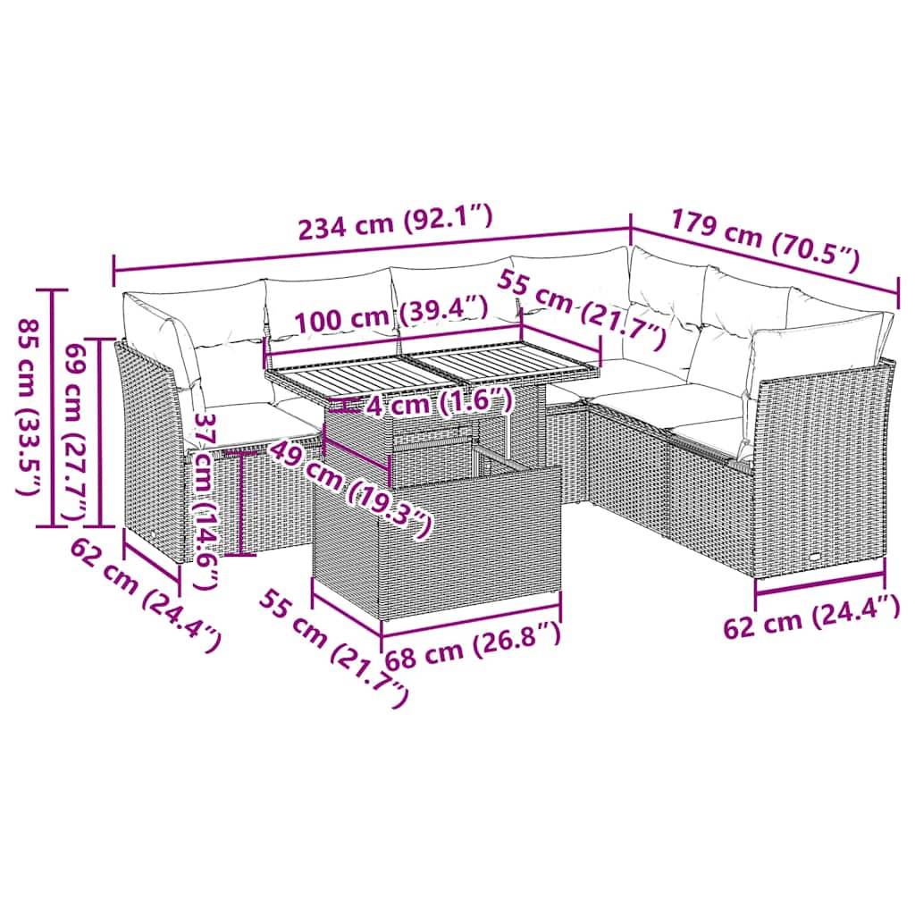 vidaXL 7-tlg. Garten-Sofagarnitur mit Kissen Schwarz Poly Rattan
