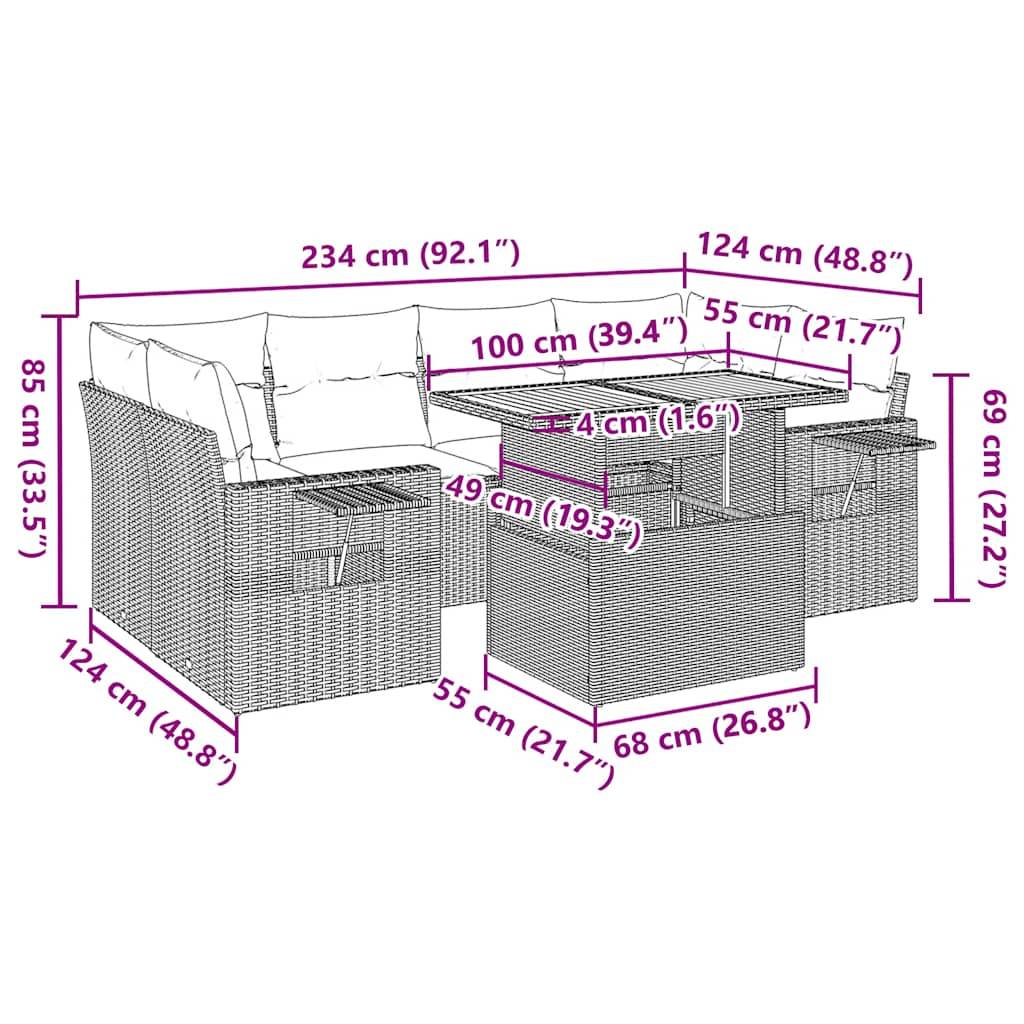 vidaXL 7-tlg. Garten-Sofagarnitur mit Kissen Grau Poly Rattan