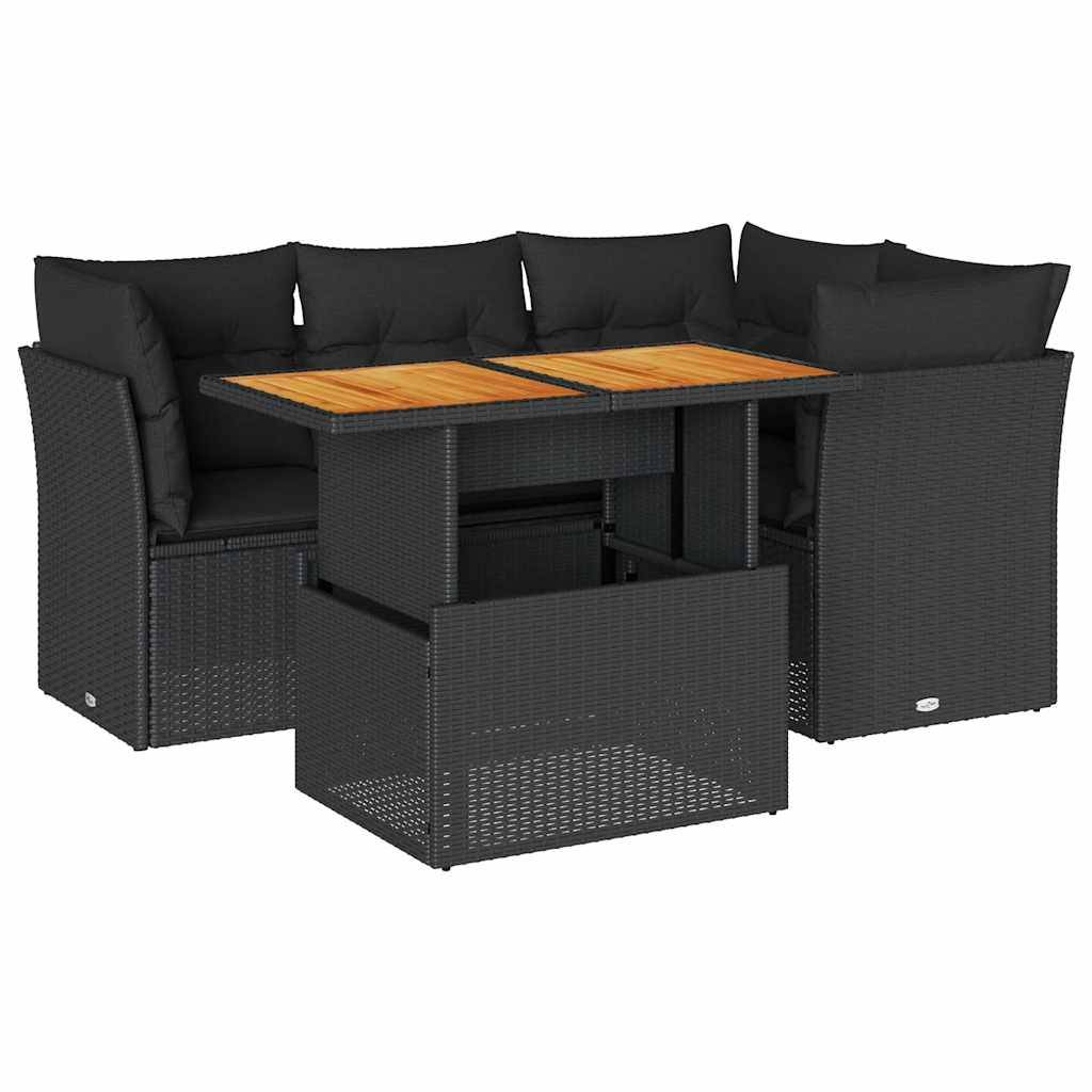 vidaXL 5-tlg. Garten-Sofagarnitur mit Kissen Schwarz Poly Rattan