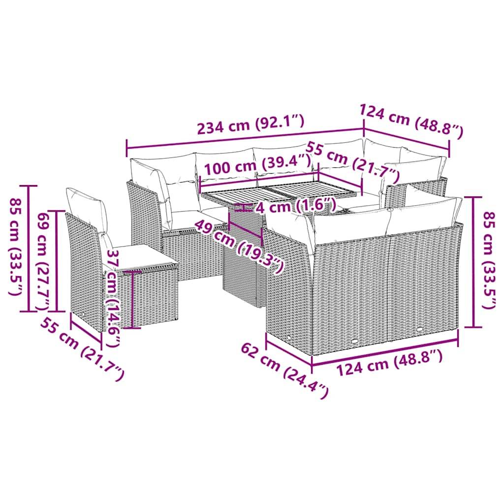 vidaXL 9-tlg. Garten-Sofagarnitur mit Kissen Schwarz Poly Rattan