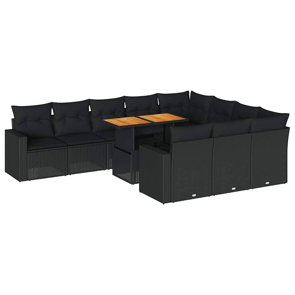 vidaXL 11-tlg. Garten-Sofagarnitur mit Kissen Schwarz Poly Rattan