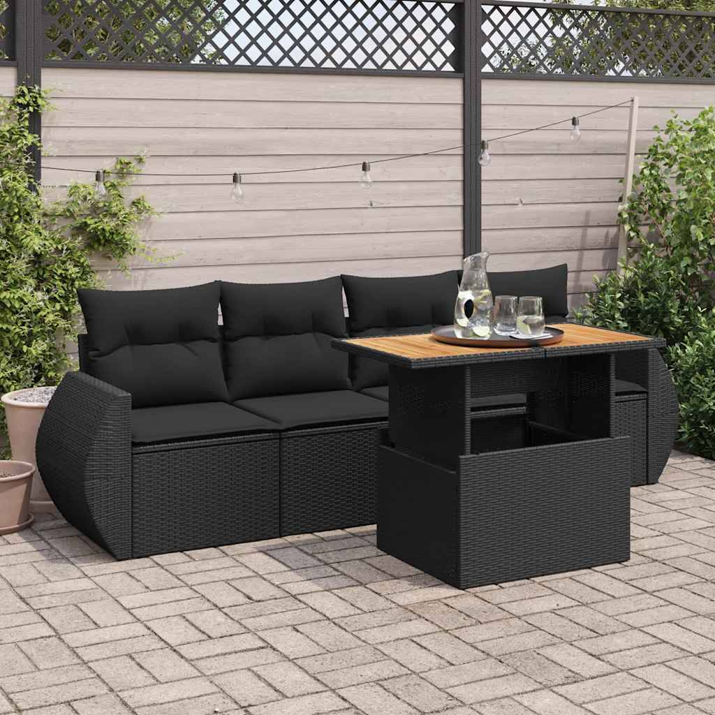vidaXL 5-tlg. Garten-Sofagarnitur mit Kissen Schwarz Poly Rattan
