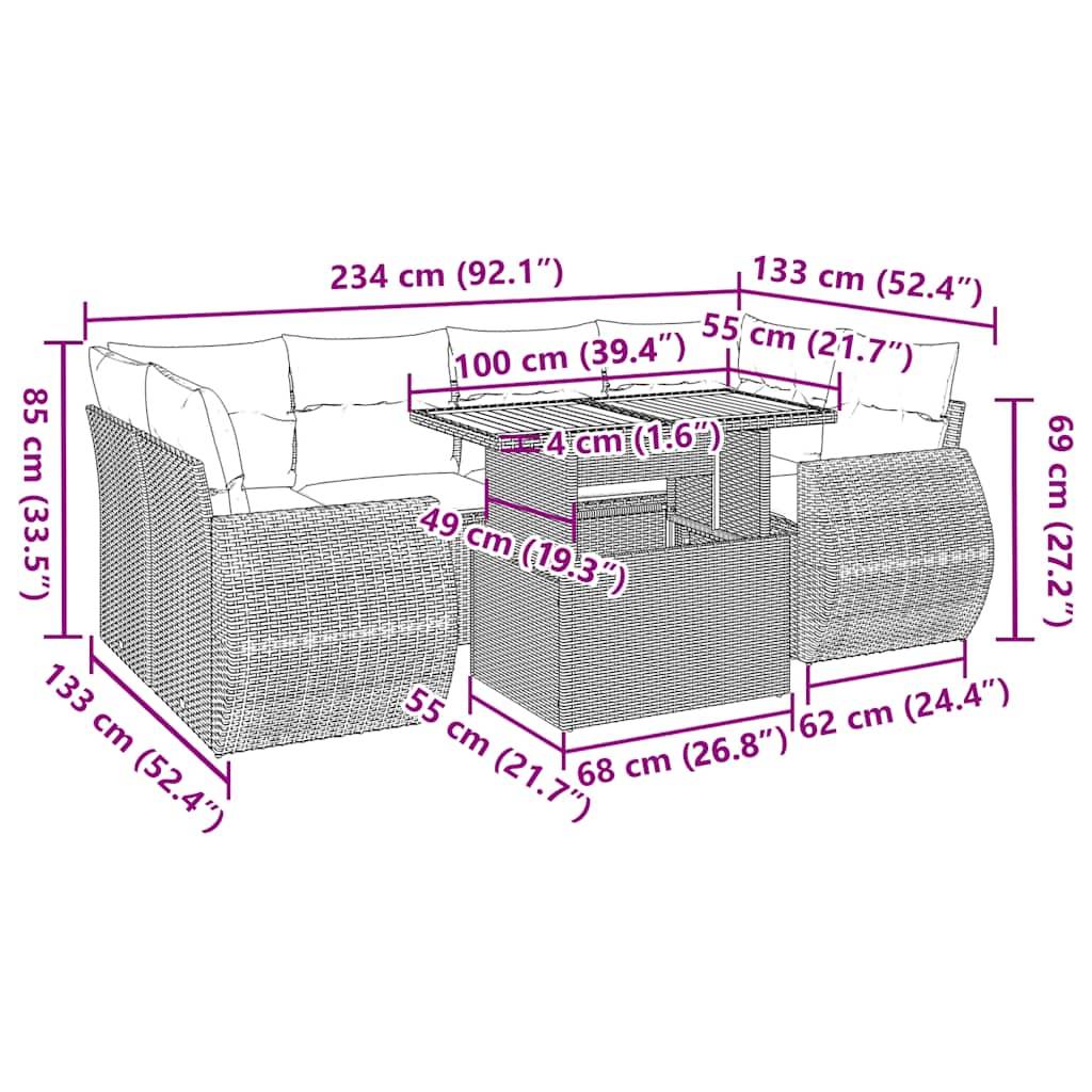 vidaXL 7-tlg. Garten-Sofagarnitur mit Kissen Schwarz Poly Rattan