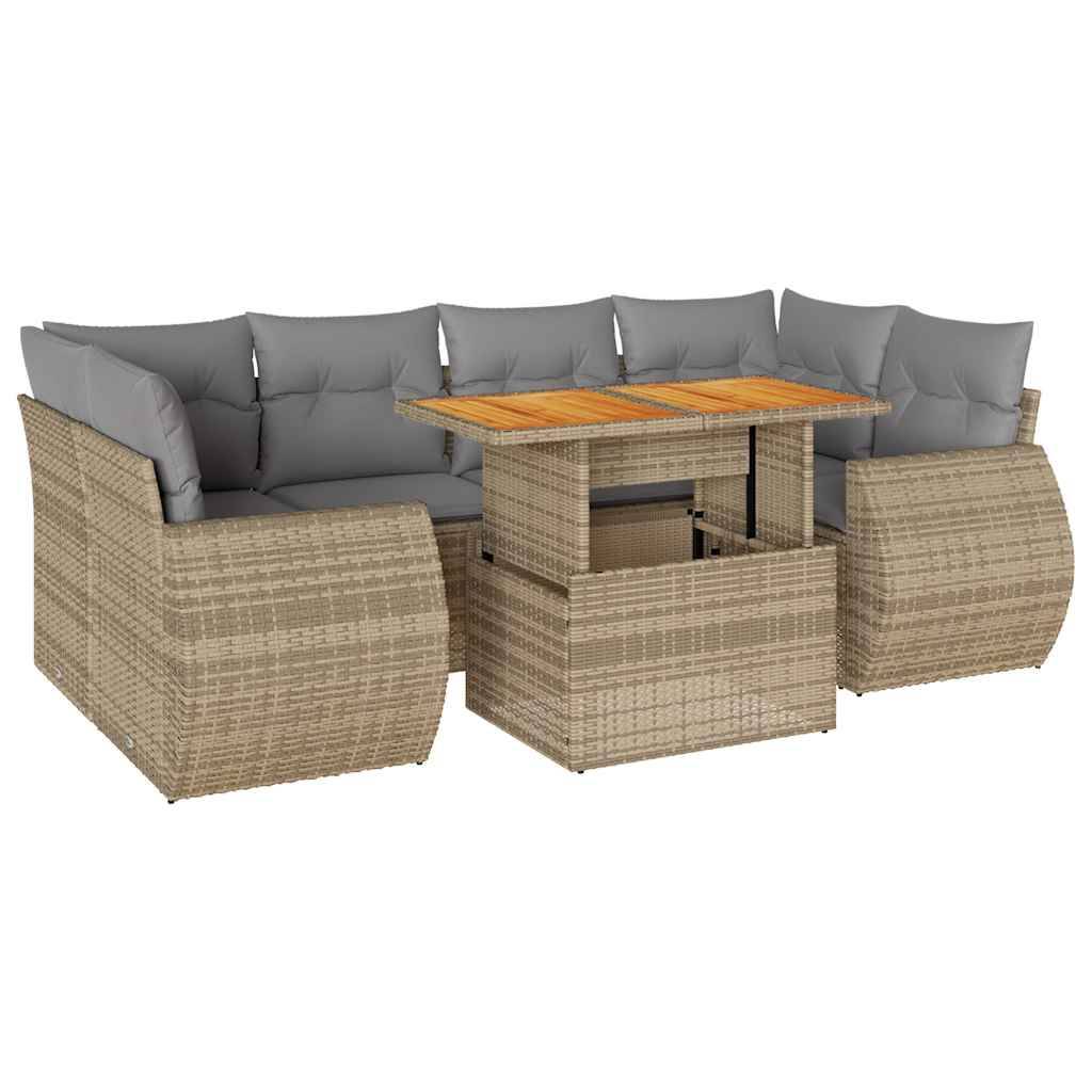 vidaXL 7-tlg. Garten-Sofagarnitur mit Kissen Beige Poly Rattan