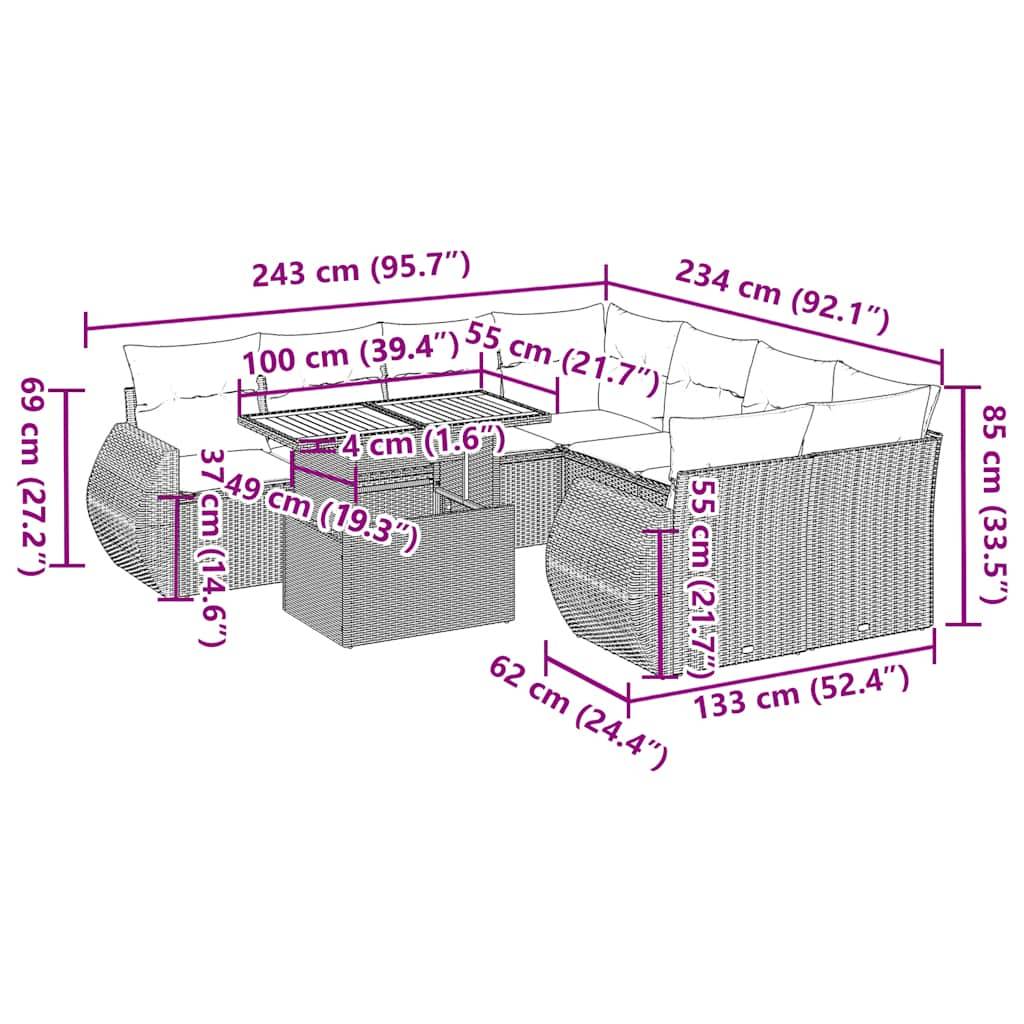 vidaXL 9-tlg. Garten-Sofagarnitur mit Kissen Grau Poly Rattan