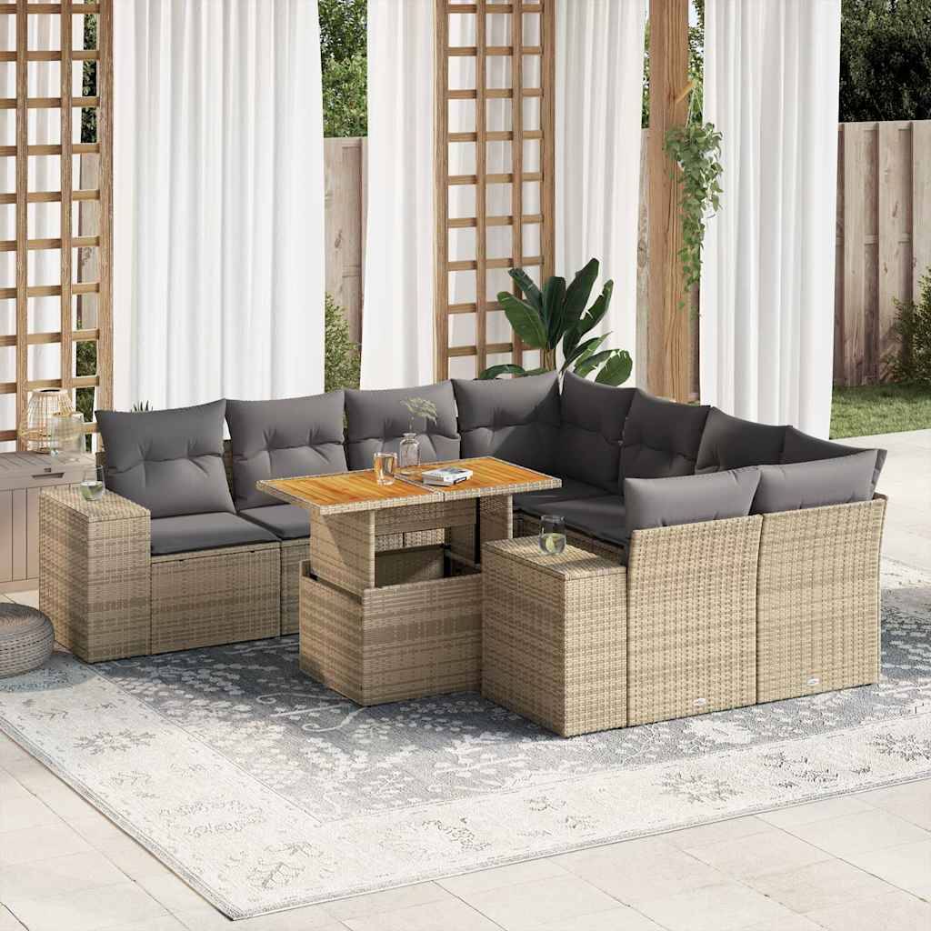vidaXL 9-tlg. Garten-Sofagarnitur mit Kissen Beige Poly Rattan